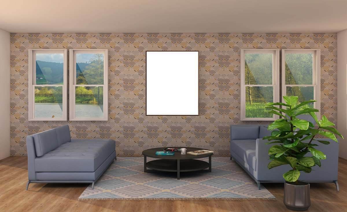 Pièce avec canapés, table basse, plante, tapis, fenêtres, tableau blanc