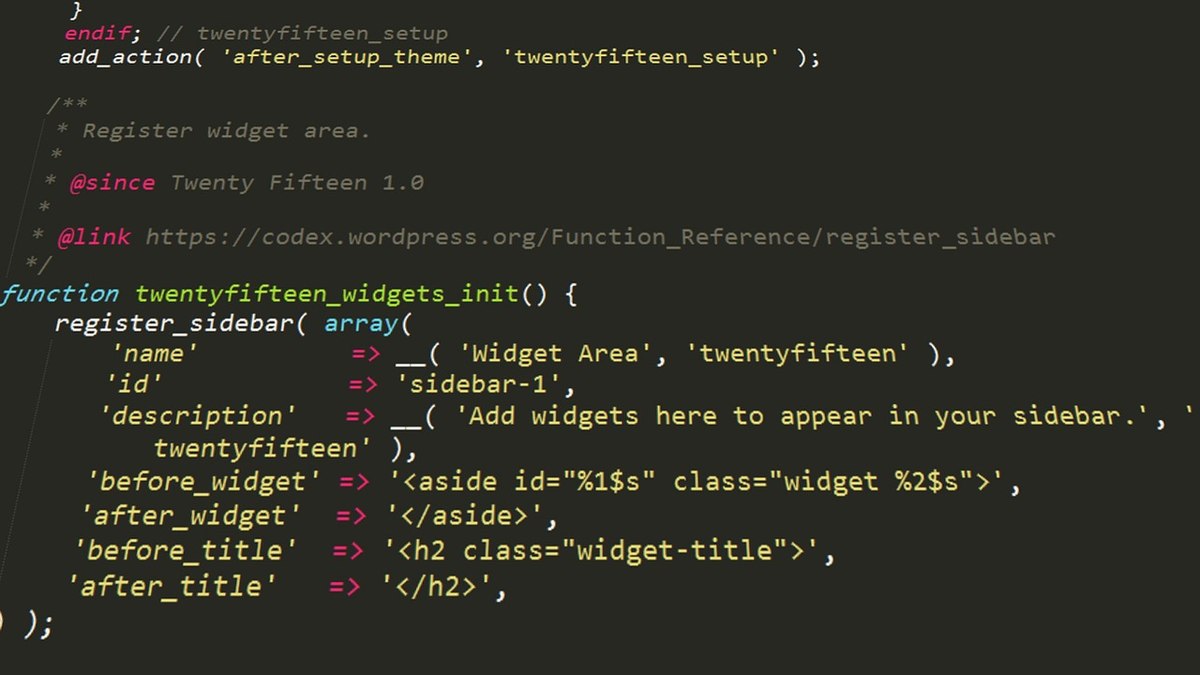 Capture d'écran montrant du code PHP enregistrant une barre latérale WordPress
